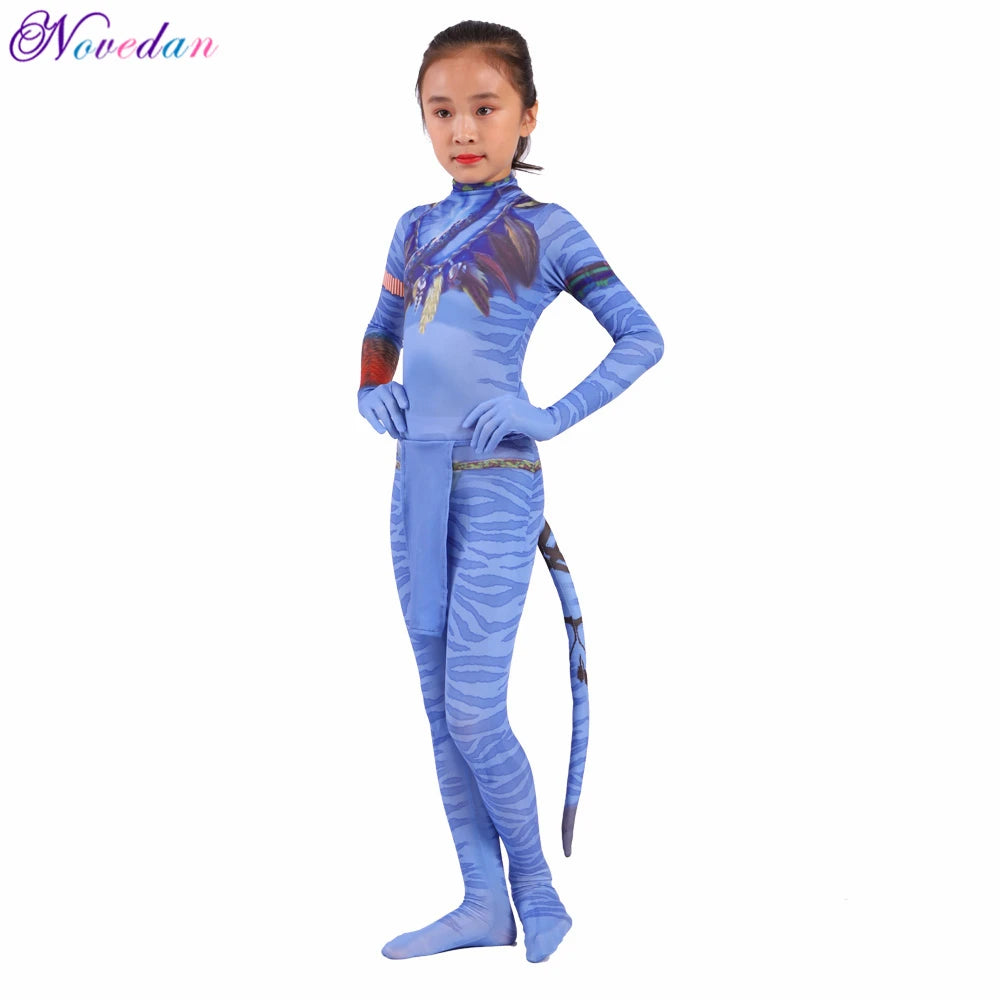 Kids Avatar-Inspired Tail Bodysuit Costume – Blue Alien Zentai Jumpsuit for Boys & Girls, Halloween & Birthday Cosplay