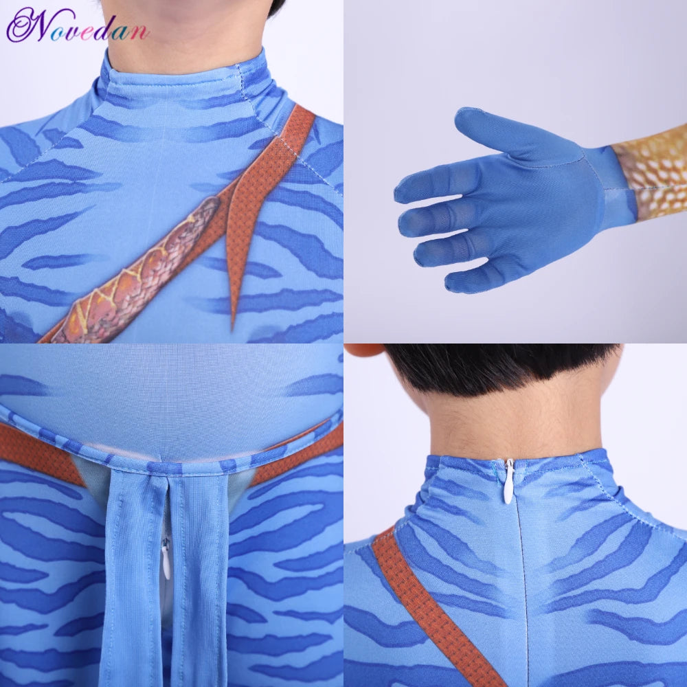 Kids Avatar-Inspired Tail Bodysuit Costume – Blue Alien Zentai Jumpsuit for Boys & Girls, Halloween & Birthday Cosplay