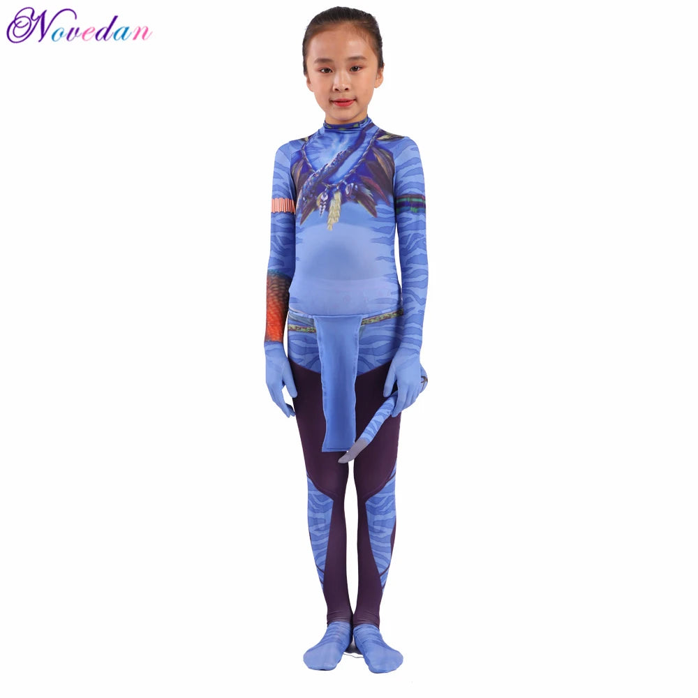 Kids Avatar-Inspired Tail Bodysuit Costume – Blue Alien Zentai Jumpsuit for Boys & Girls, Halloween & Birthday Cosplay