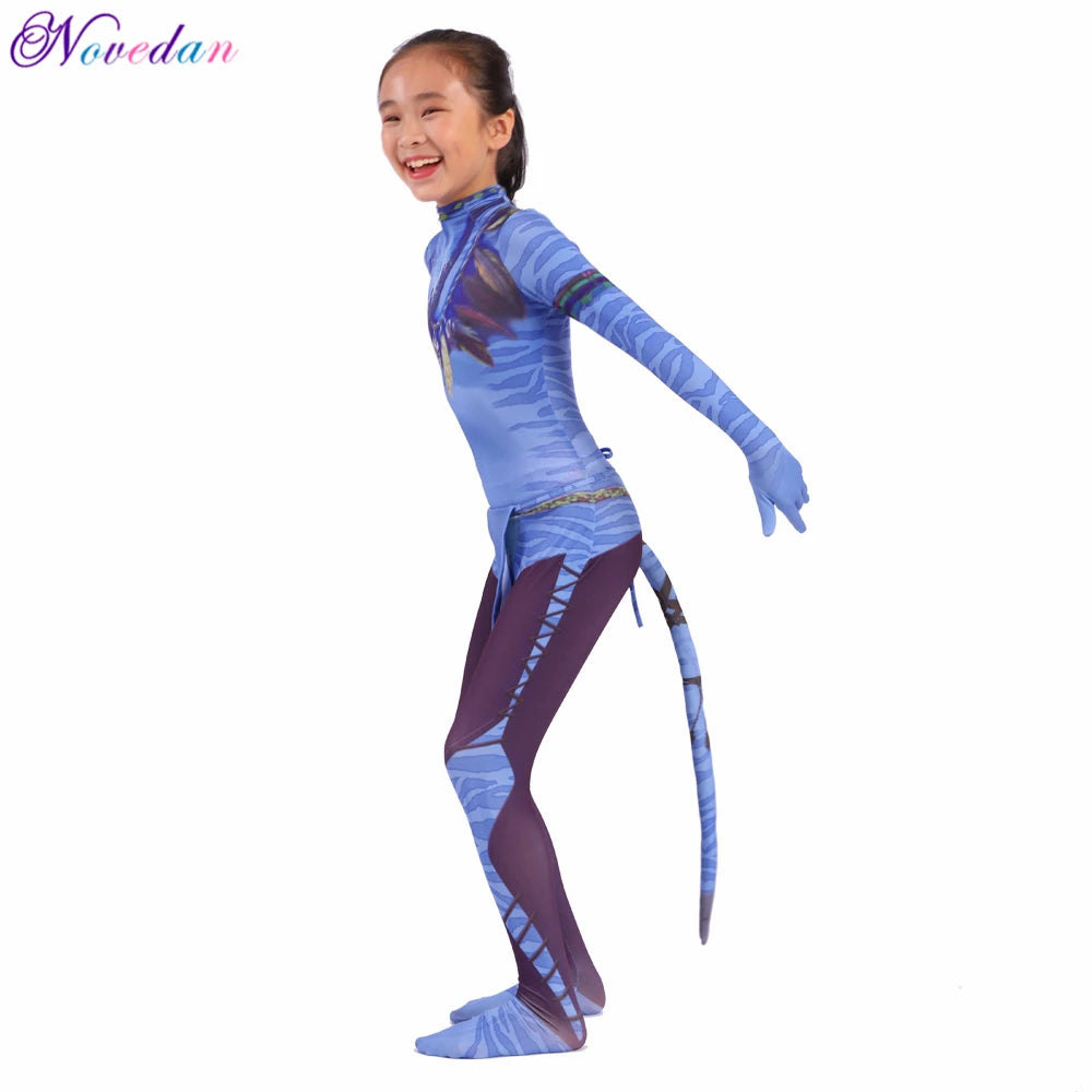 Kids Avatar-Inspired Tail Bodysuit Costume – Blue Alien Zentai Jumpsuit for Boys & Girls, Halloween & Birthday Cosplay