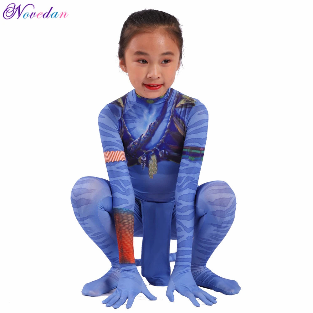 Kids Avatar-Inspired Tail Bodysuit Costume – Blue Alien Zentai Jumpsuit for Boys & Girls, Halloween & Birthday Cosplay