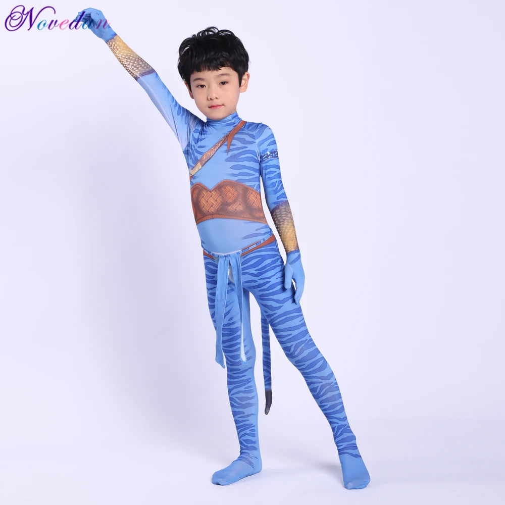 Kids Avatar-Inspired Tail Bodysuit Costume – Blue Alien Zentai Jumpsuit for Boys & Girls, Halloween & Birthday Cosplay