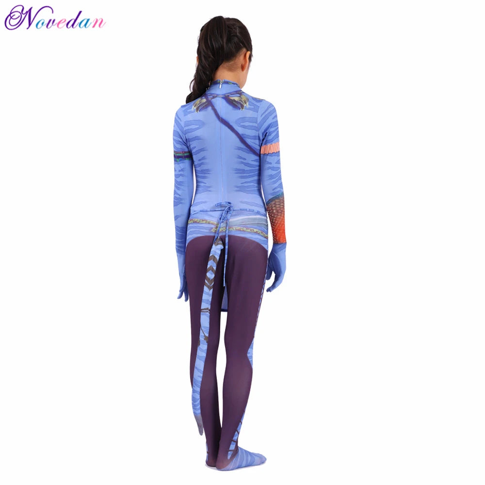 Kids Avatar-Inspired Tail Bodysuit Costume – Blue Alien Zentai Jumpsuit for Boys & Girls, Halloween & Birthday Cosplay