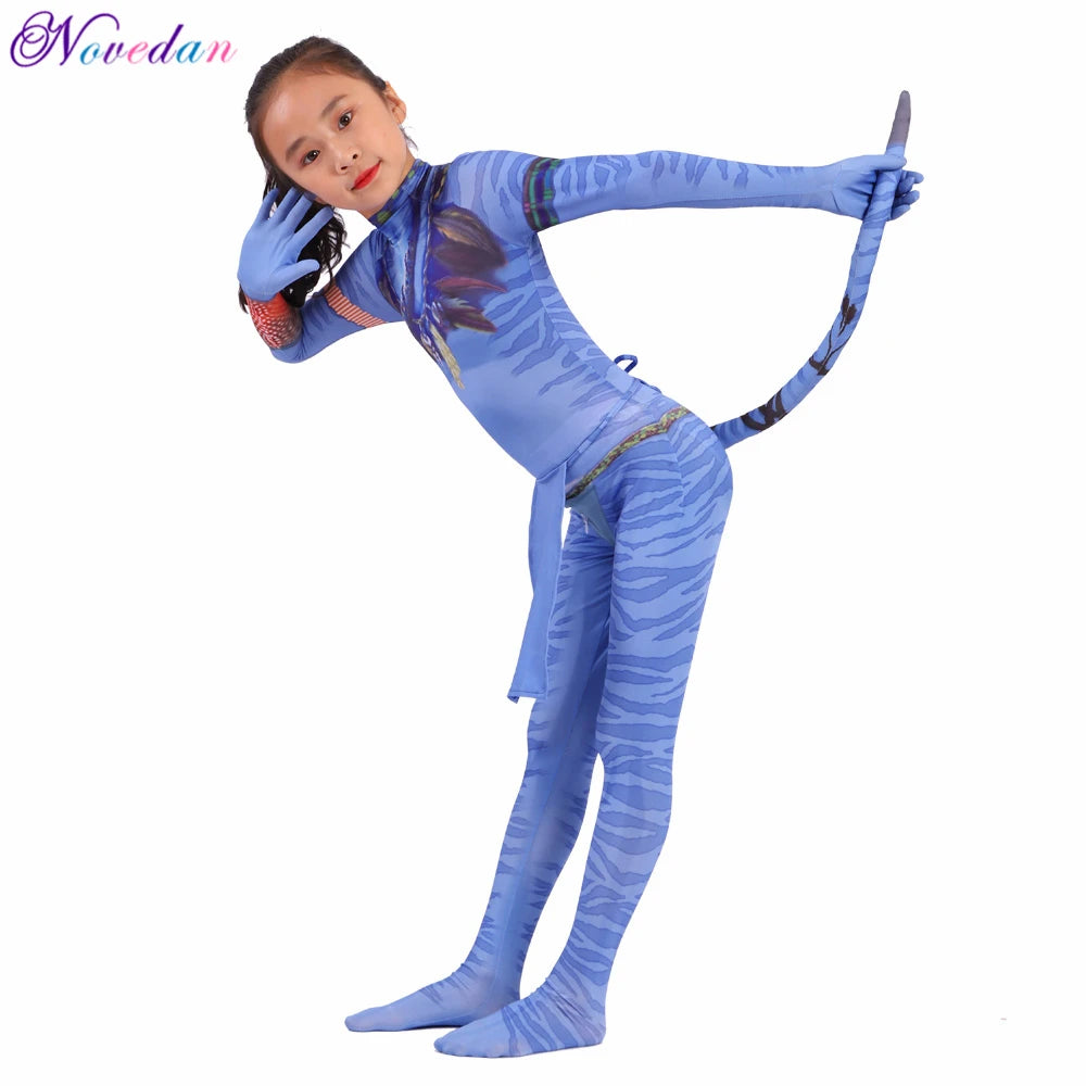 Kids Avatar-Inspired Tail Bodysuit Costume – Blue Alien Zentai Jumpsuit for Boys & Girls, Halloween & Birthday Cosplay