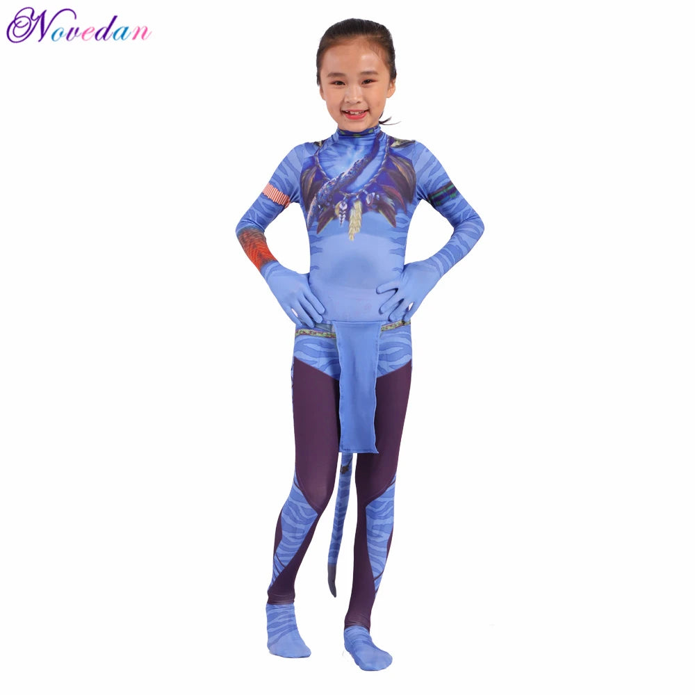 Kids Avatar-Inspired Tail Bodysuit Costume – Blue Alien Zentai Jumpsuit for Boys & Girls, Halloween & Birthday Cosplay