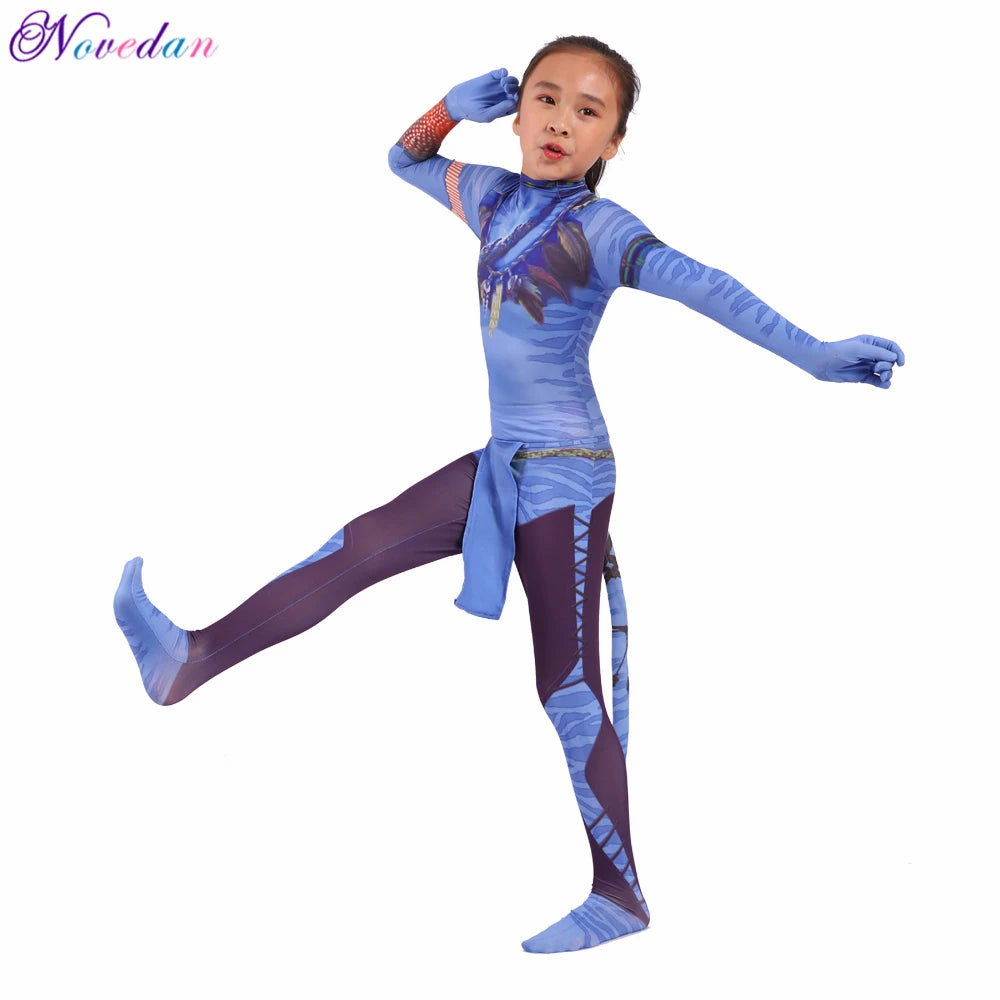 Kids Avatar-Inspired Tail Bodysuit Costume – Blue Alien Zentai Jumpsuit for Boys & Girls, Halloween & Birthday Cosplay