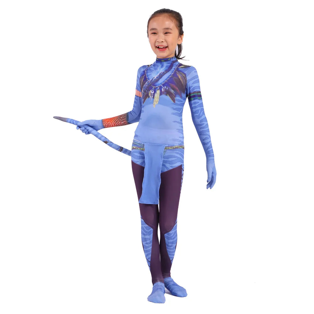 Kids Avatar-Inspired Tail Bodysuit Costume – Blue Alien Zentai Jumpsuit for Boys & Girls, Halloween & Birthday Cosplay