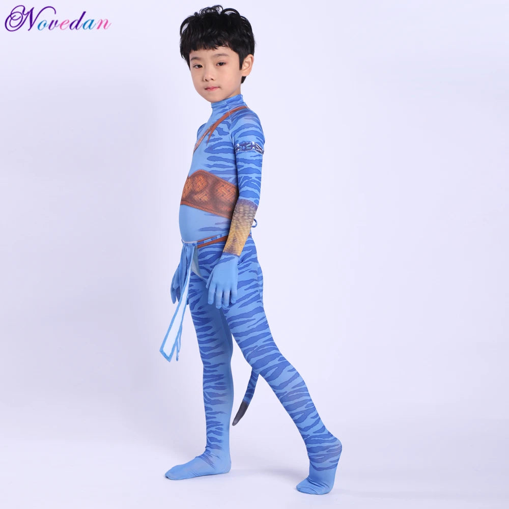 Kids Avatar-Inspired Tail Bodysuit Costume – Blue Alien Zentai Jumpsuit for Boys & Girls, Halloween & Birthday Cosplay