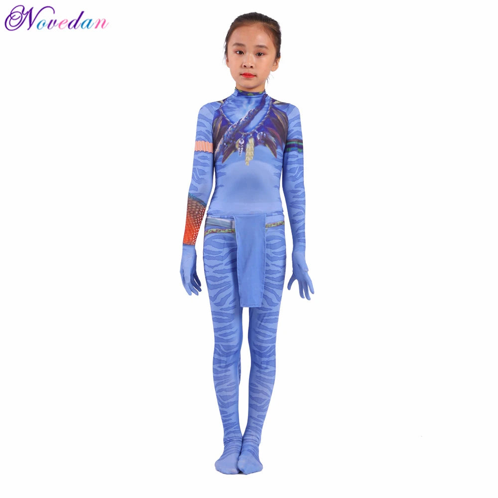 Kids Avatar-Inspired Tail Bodysuit Costume – Blue Alien Zentai Jumpsuit for Boys & Girls, Halloween & Birthday Cosplay