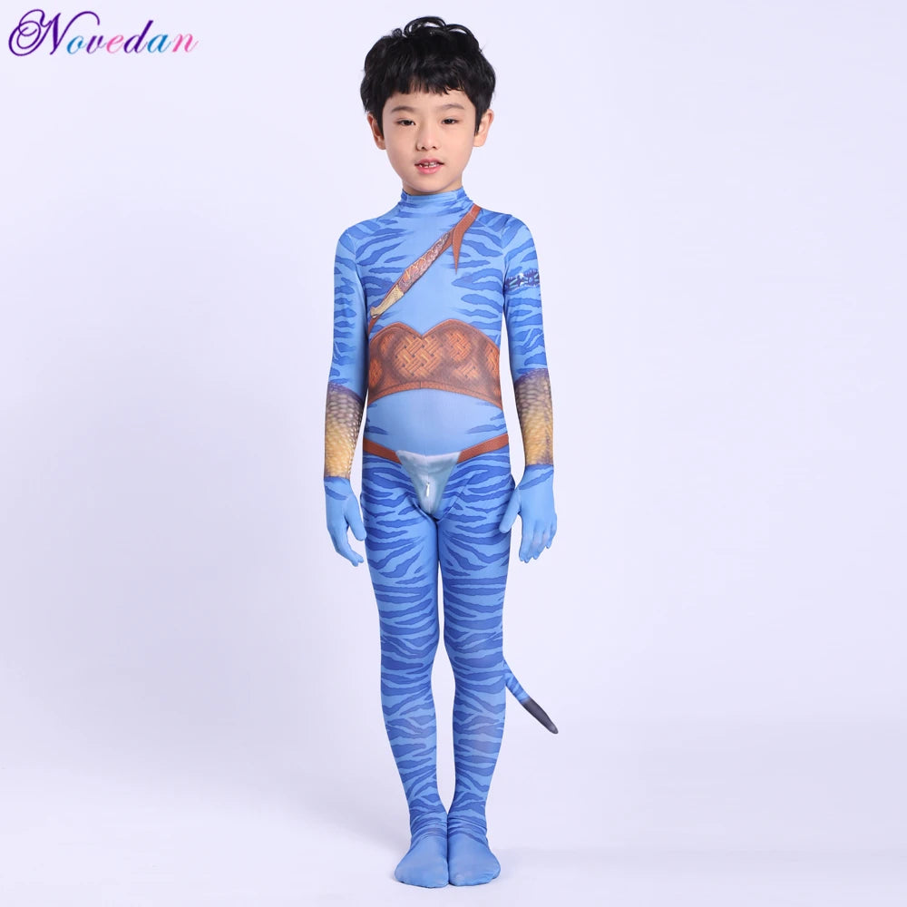 Kids Avatar-Inspired Tail Bodysuit Costume – Blue Alien Zentai Jumpsuit for Boys & Girls, Halloween & Birthday Cosplay