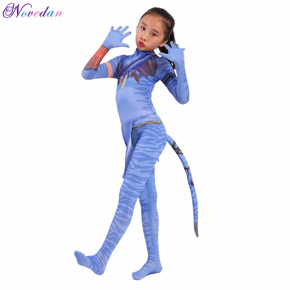 Kids Avatar-Inspired Tail Bodysuit Costume – Blue Alien Zentai Jumpsuit for Boys & Girls, Halloween & Birthday Cosplay