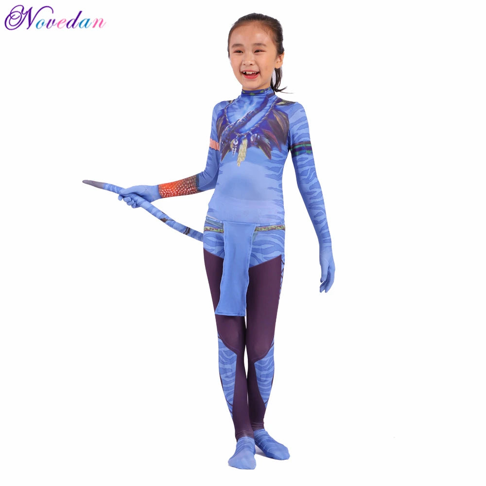 Kids Avatar-Inspired Tail Bodysuit Costume – Blue Alien Zentai Jumpsuit for Boys & Girls, Halloween & Birthday Cosplay