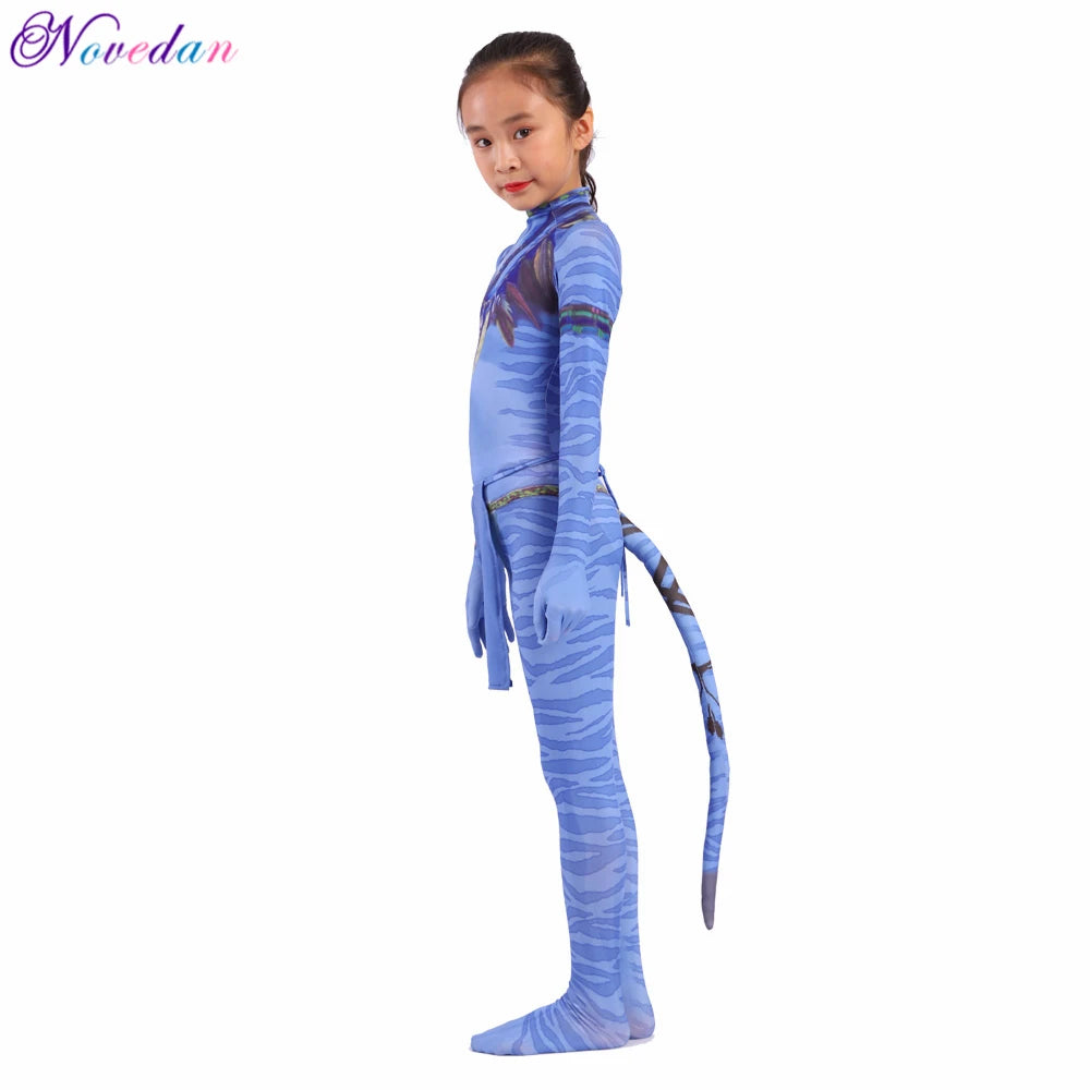 Kids Avatar-Inspired Tail Bodysuit Costume – Blue Alien Zentai Jumpsuit for Boys & Girls, Halloween & Birthday Cosplay