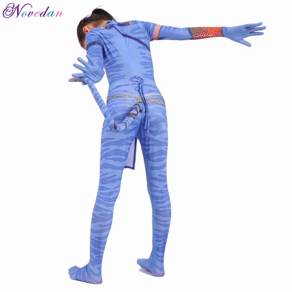 Kids Avatar-Inspired Tail Bodysuit Costume – Blue Alien Zentai Jumpsuit for Boys & Girls, Halloween & Birthday Cosplay