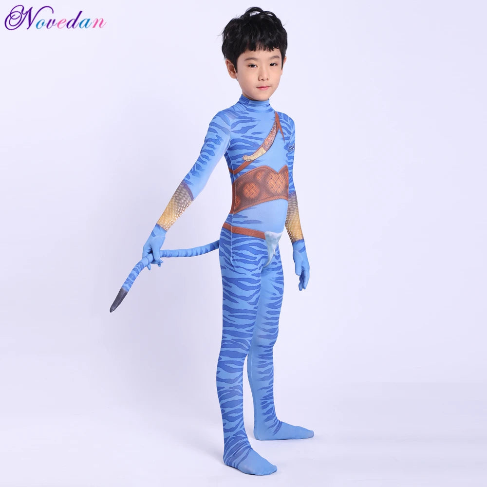 Kids Avatar-Inspired Tail Bodysuit Costume – Blue Alien Zentai Jumpsuit for Boys & Girls, Halloween & Birthday Cosplay