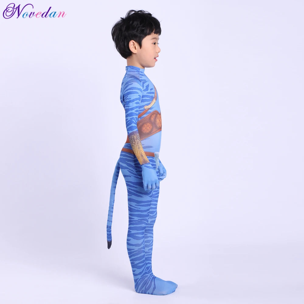 Kids Avatar-Inspired Tail Bodysuit Costume – Blue Alien Zentai Jumpsuit for Boys & Girls, Halloween & Birthday Cosplay