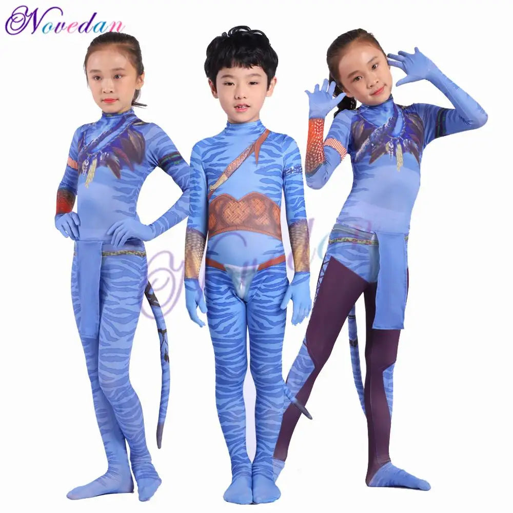 Kids Avatar-Inspired Tail Bodysuit Costume – Blue Alien Zentai Jumpsuit for Boys & Girls, Halloween & Birthday Cosplay