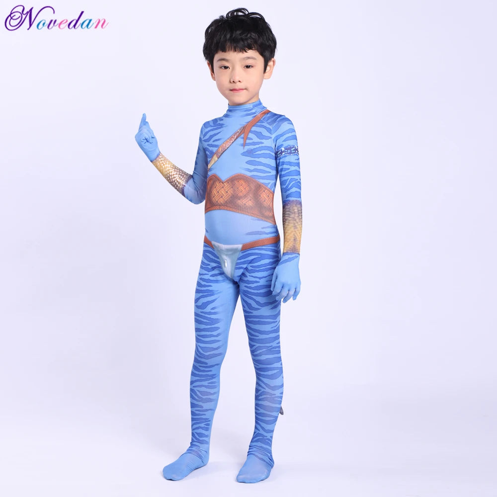 Kids Avatar-Inspired Tail Bodysuit Costume – Blue Alien Zentai Jumpsuit for Boys & Girls, Halloween & Birthday Cosplay