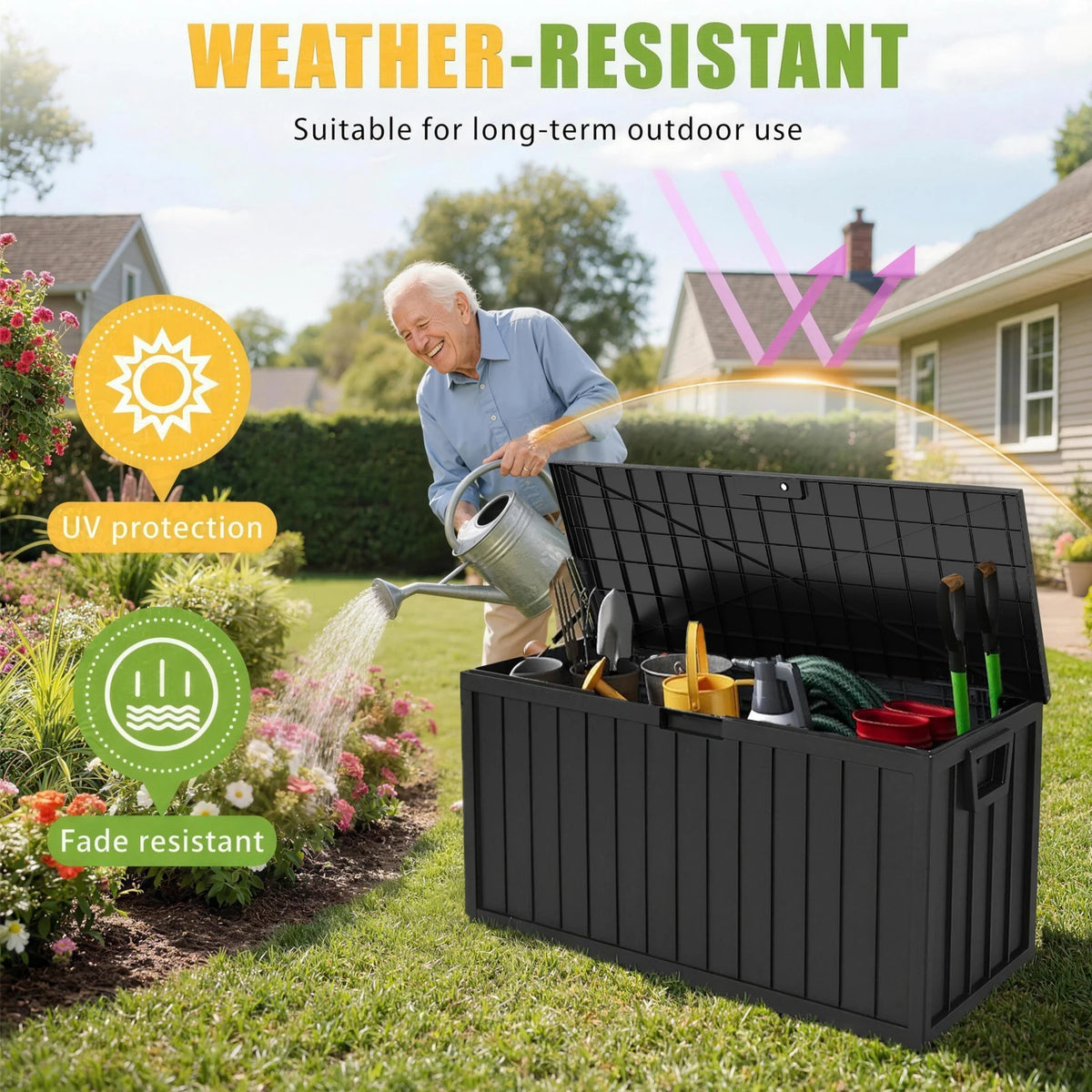 Heavy-Duty 75 Gallon Deck Box with Lockable Lid – Weatherproof Outdoor Storage Container (White/Green)
