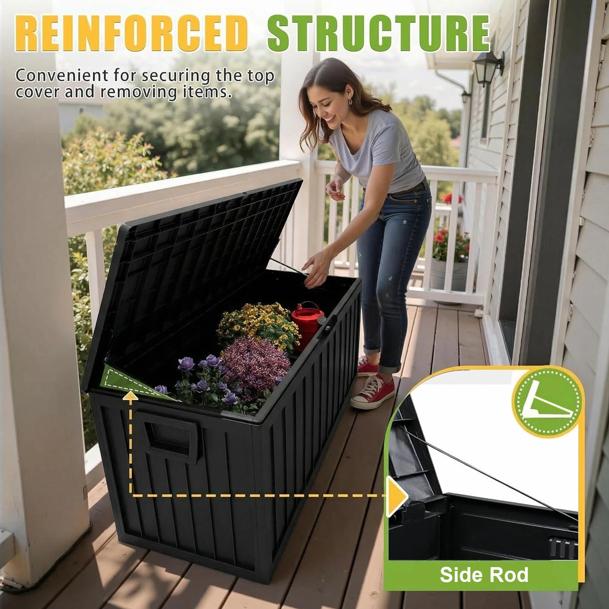 Heavy-Duty 75 Gallon Deck Box with Lockable Lid – Weatherproof Outdoor Storage Container (White/Green)