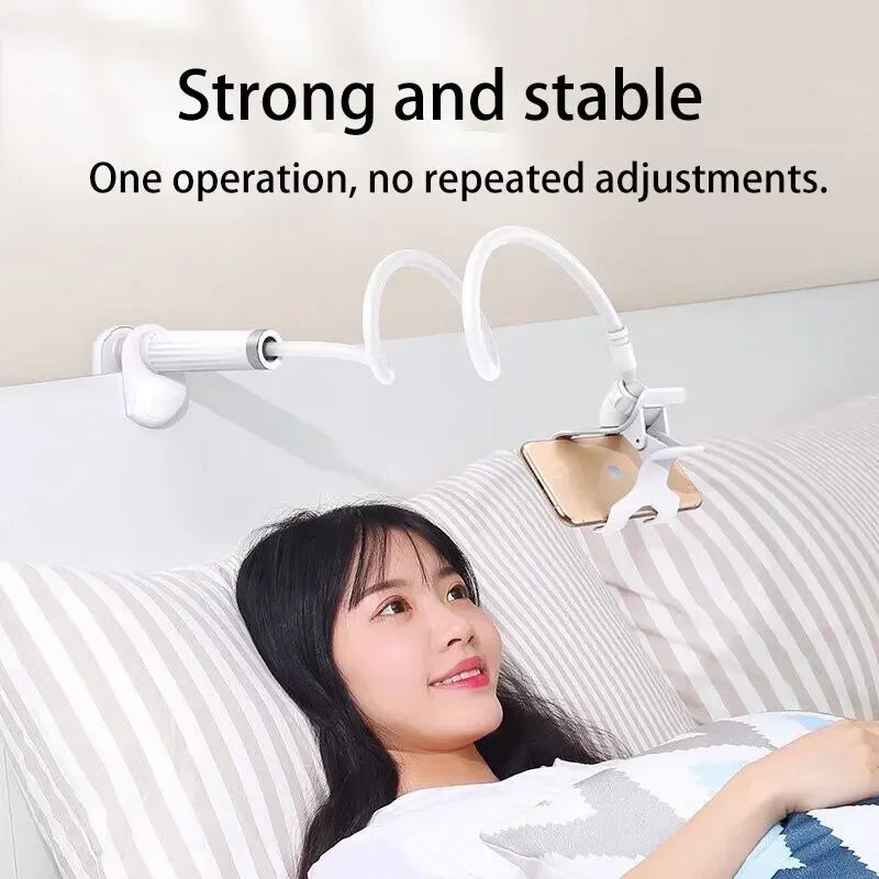 Lazy man's bedside table phone holder with flexible long arm, swivel headrest, and handle, adjustable height