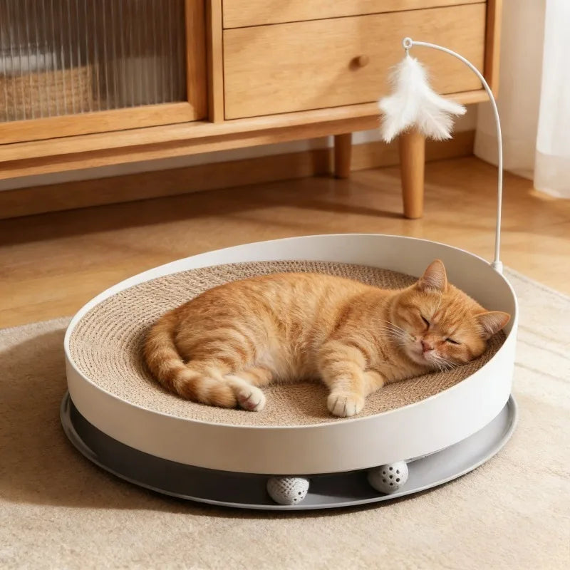 3-in-1 Round Cat Scratcher Bed – Durable Wear-Resistant Scratching Pad & Interactive Kitten Toy