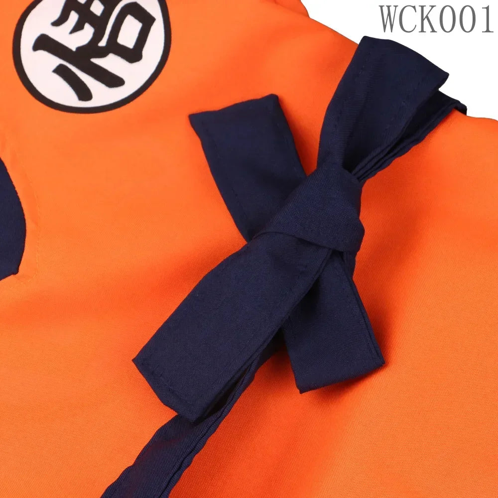 Kids & Adult Anime Warrior Cosplay Costume – Orange Martial Arts Suit with Tail, Wristbands & Spiky Wig, Halloween Party Costume