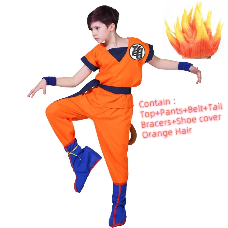 Kids & Adult Anime Warrior Cosplay Costume – Orange Martial Arts Suit with Tail, Wristbands & Spiky Wig, Halloween Party Costume