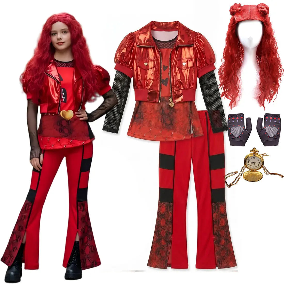 Kids Rock Star Costume 3-Piece Set, Red & Black Punk Rockstar Outfit for Halloween, Cosplay & Costume Parties