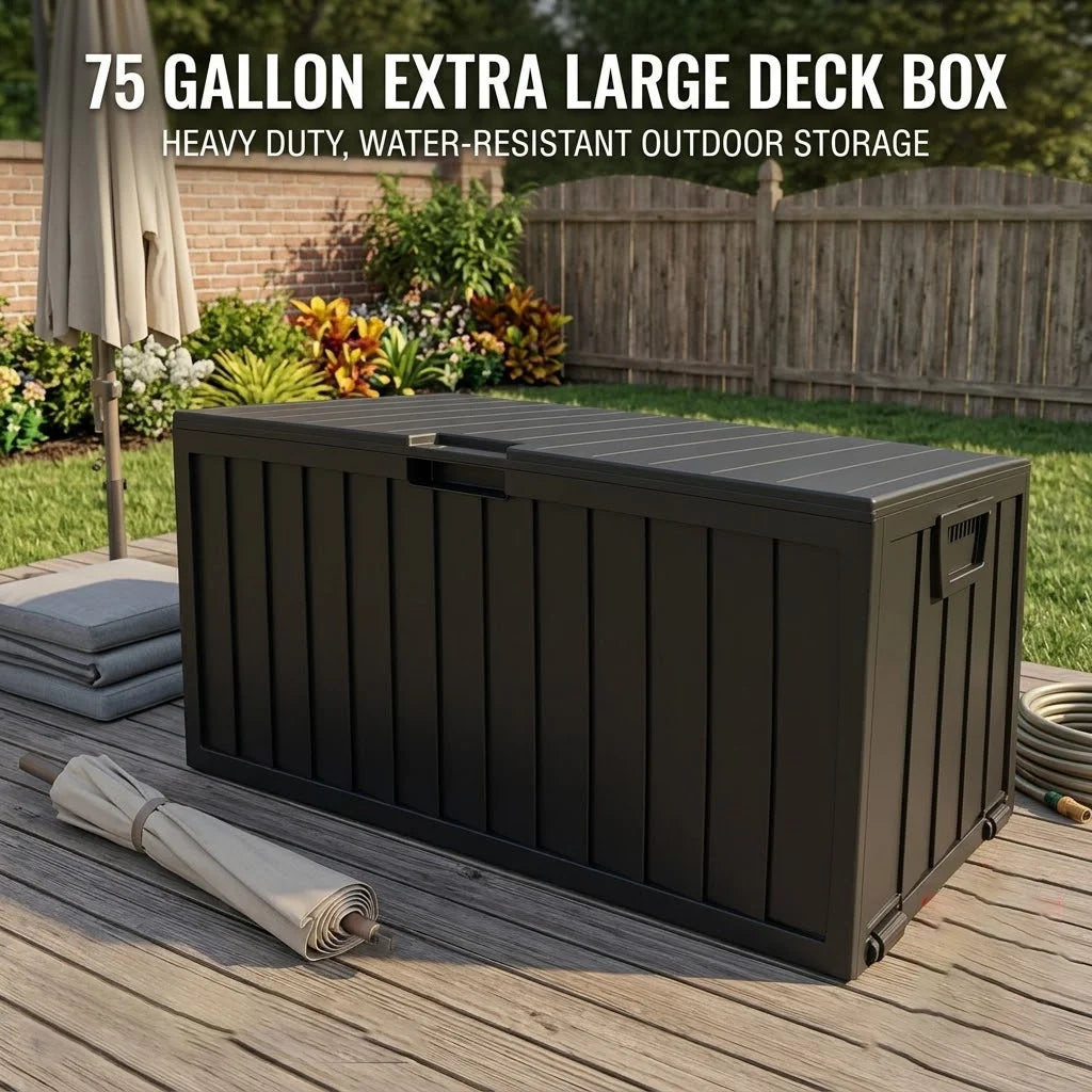 Heavy-Duty 75 Gallon Deck Box with Lockable Lid – Weatherproof Outdoor Storage Container (White/Green)