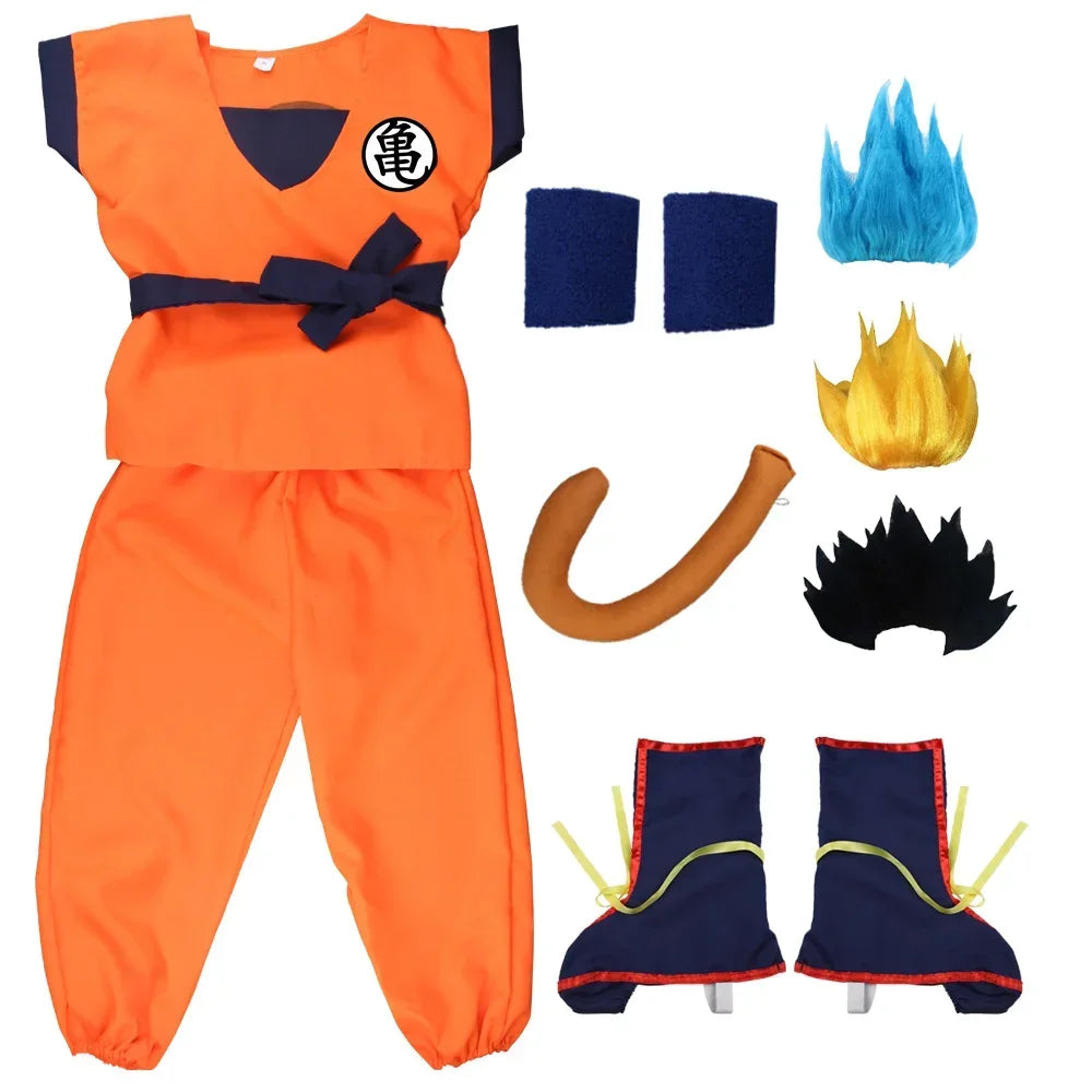 Kids & Adult Anime Warrior Cosplay Costume – Orange Martial Arts Suit with Tail, Wristbands & Spiky Wig, Halloween Party Costume