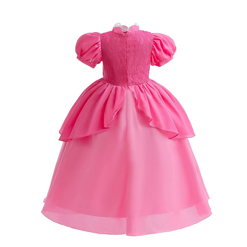 Peach Princess Dress Girls Rose Red Lace Cosplay Dress Kids Vestidos Party Dresses Carnival Halloween Costume for 3-11 Years