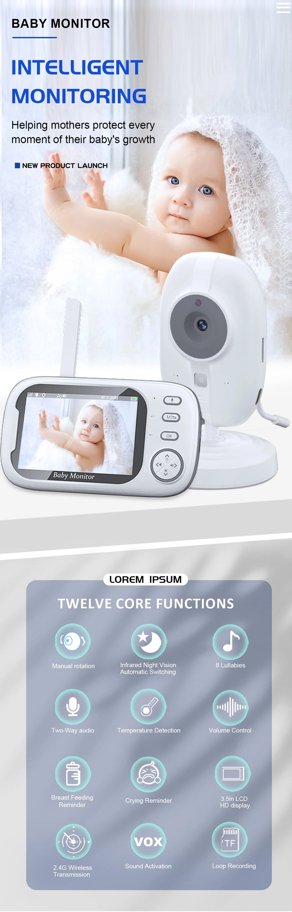 Cdycam Wireless Video Baby Monitor – 3.5" Screen with Night Vision, Temperature Sensor & 2-Way Audio