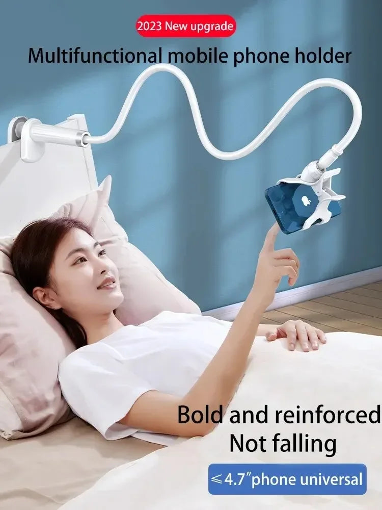 Lazy man's bedside table phone holder with flexible long arm, swivel headrest, and handle, adjustable height