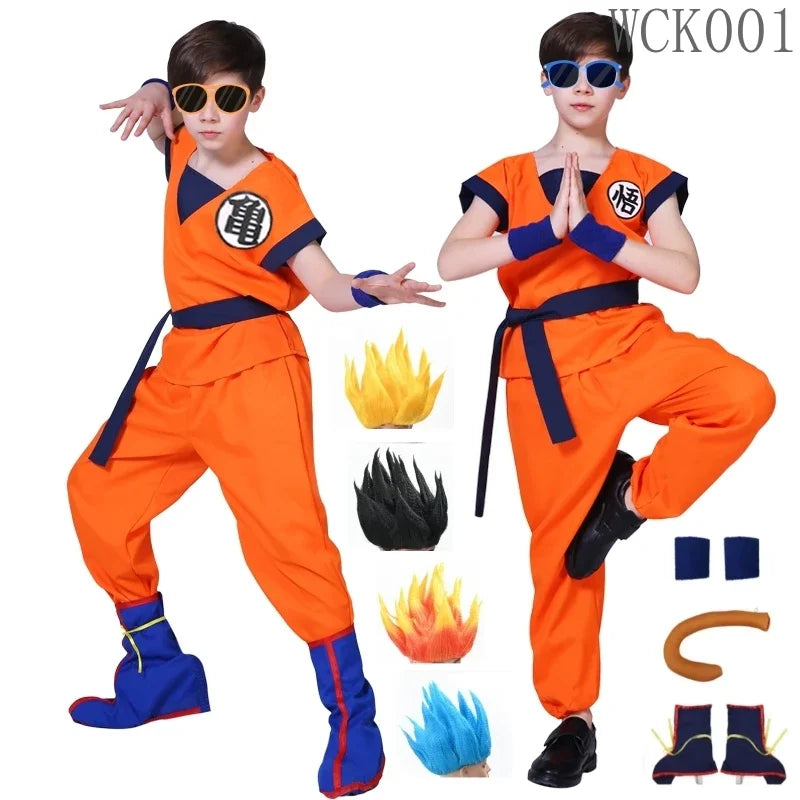 Kids & Adult Anime Warrior Cosplay Costume – Orange Martial Arts Suit with Tail, Wristbands & Spiky Wig, Halloween Party Costume