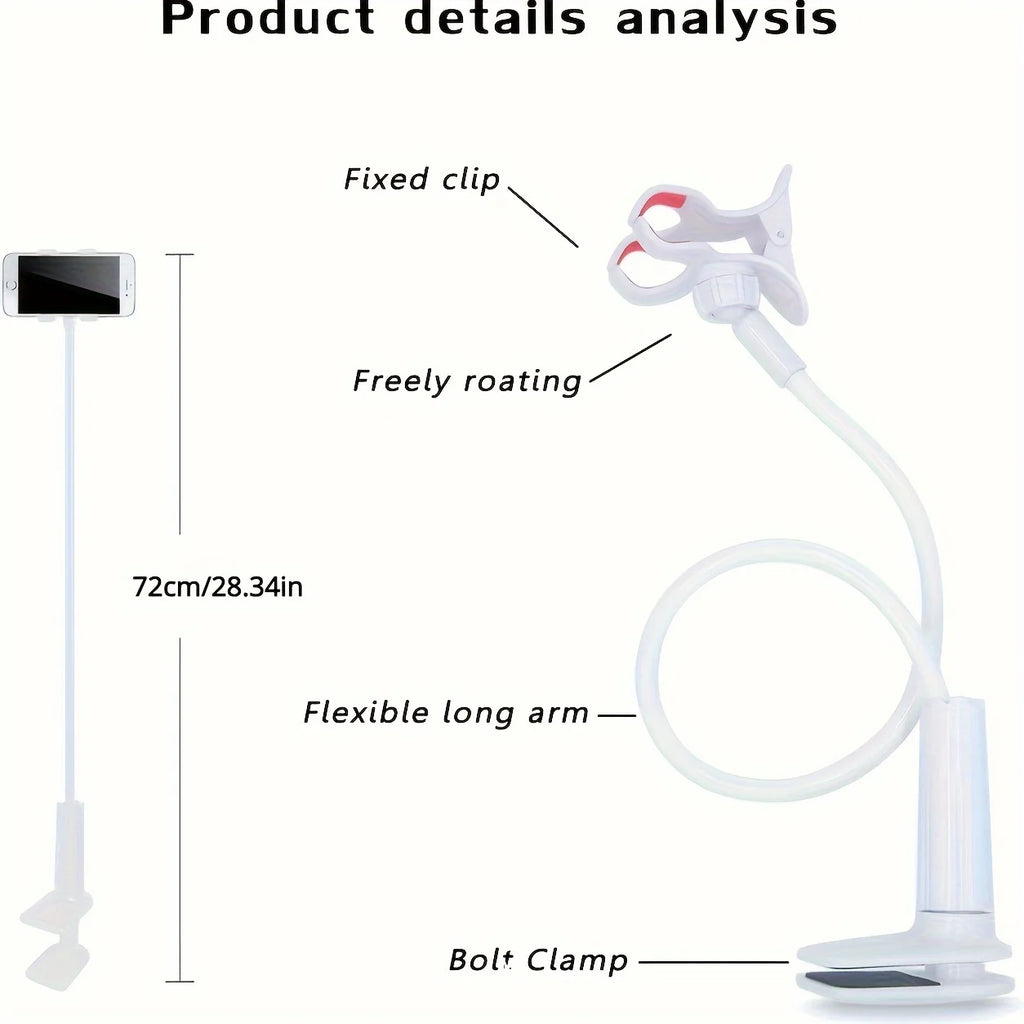 Lazy man's bedside table phone holder with flexible long arm, swivel headrest, and handle, adjustable height