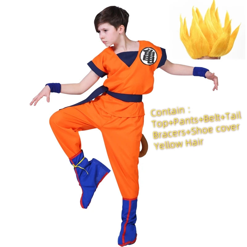 Kids & Adult Anime Warrior Cosplay Costume – Orange Martial Arts Suit with Tail, Wristbands & Spiky Wig, Halloween Party Costume