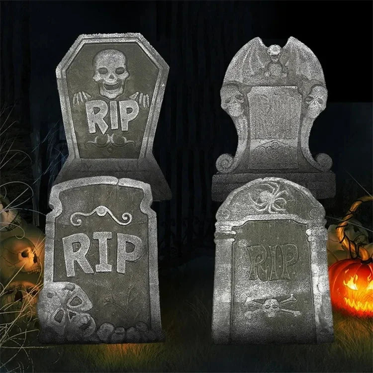 4Pcs Halloween Foam RIP Tombstones – Graveyard Skeleton Decor for Haunted House, Yard & Outdoor Party