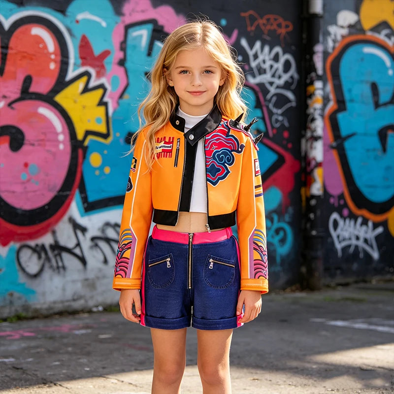 Girls Hip Hop Dance Outfit Set – Crop Top, Jacket, Skirt & Shorts Kids Jazz Stage Costume