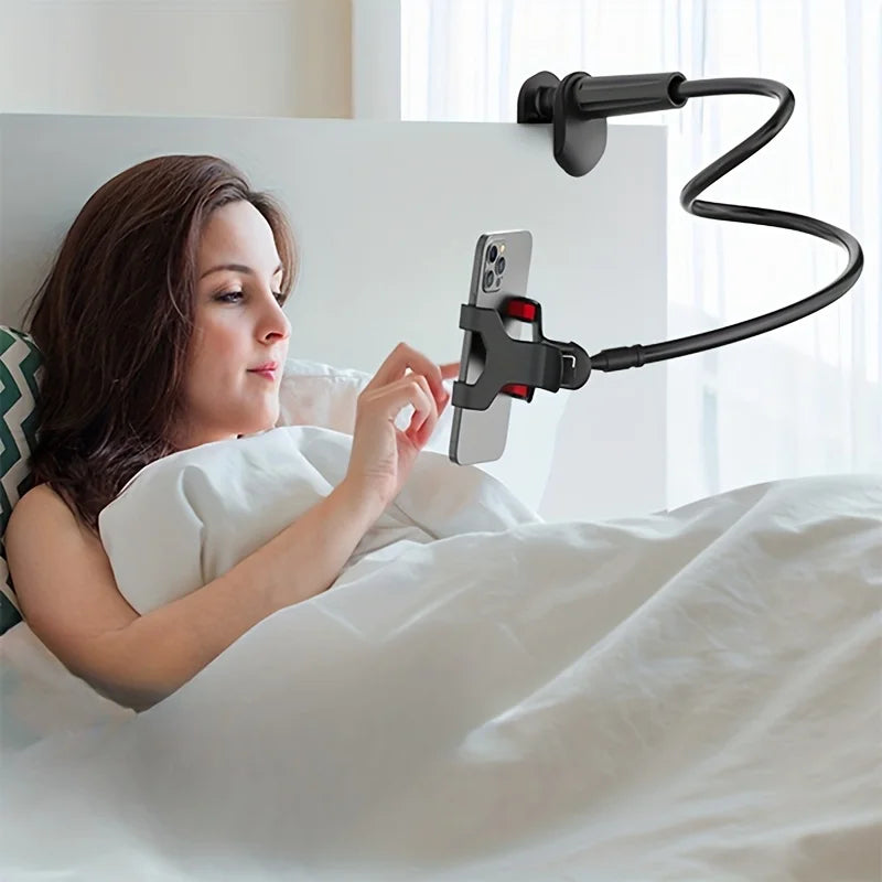 Lazy man's bedside table phone holder with flexible long arm, swivel headrest, and handle, adjustable height
