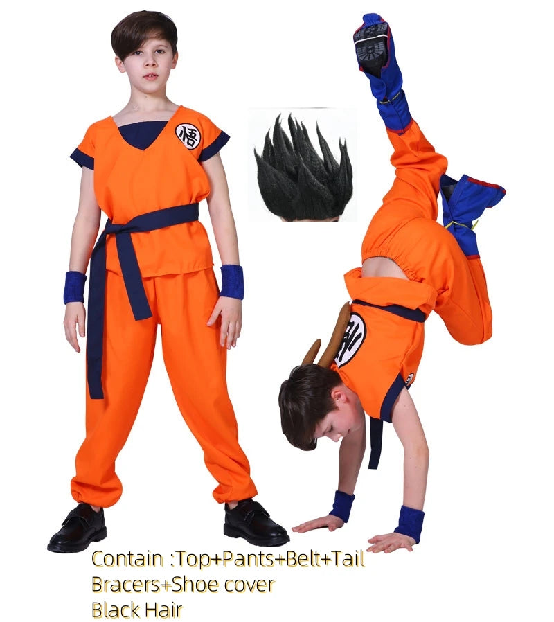 Kids & Adult Anime Warrior Cosplay Costume – Orange Martial Arts Suit with Tail, Wristbands & Spiky Wig, Halloween Party Costume