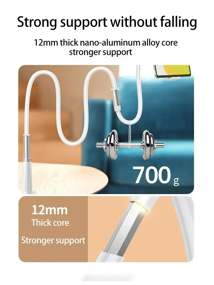 Lazy man's bedside table phone holder with flexible long arm, swivel headrest, and handle, adjustable height