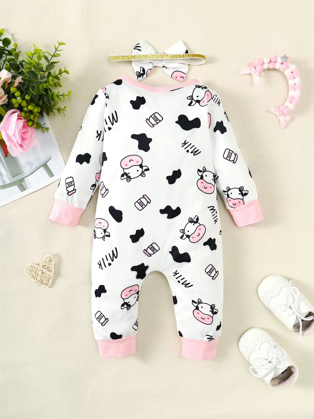 Cow Print Baby Jumpsuit 2Pcs Set with Headband - Halloween & Casual Romper