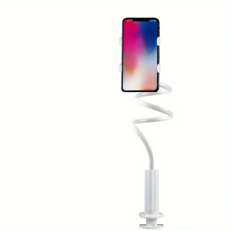 Lazy man's bedside table phone holder with flexible long arm, swivel headrest, and handle, adjustable height
