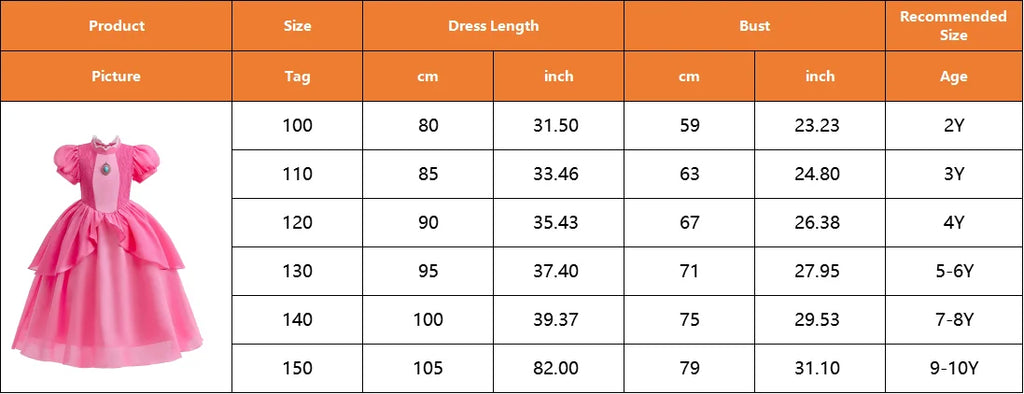 Peach Princess Dress Girls Rose Red Lace Cosplay Dress Kids Vestidos Party Dresses Carnival Halloween Costume for 3-11 Years