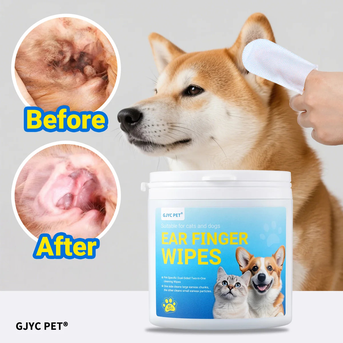 Pet Ear Cleaning Finger Wipes – Dual 3D Texture Disposable Wipes for Dogs & Cats, Gentle Ear Wax & Odor Remover