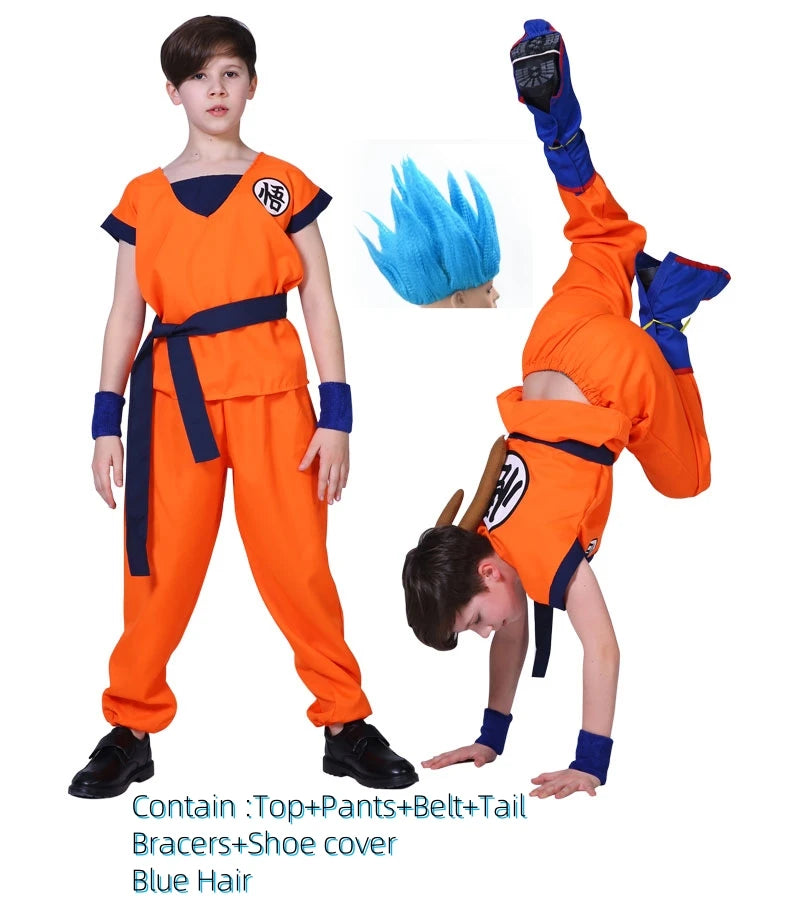 Kids & Adult Anime Warrior Cosplay Costume – Orange Martial Arts Suit with Tail, Wristbands & Spiky Wig, Halloween Party Costume