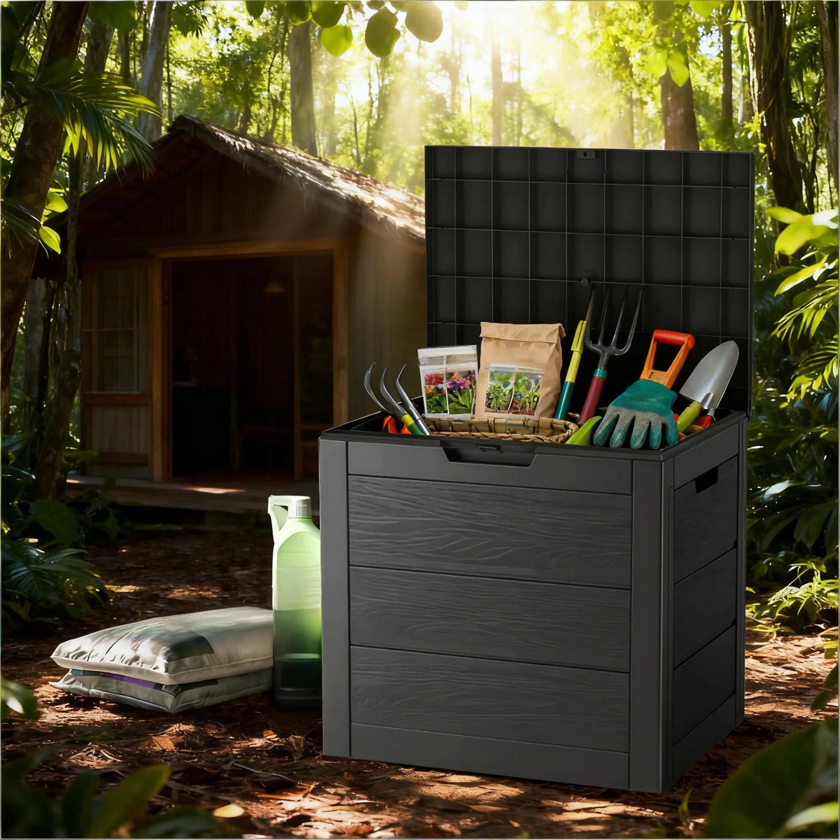 Heavy-Duty 75 Gallon Deck Box with Lockable Lid – Weatherproof Outdoor Storage Container (White/Green)