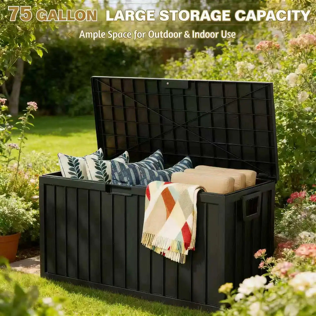 Heavy-Duty 75 Gallon Deck Box with Lockable Lid – Weatherproof Outdoor Storage Container (White/Green)