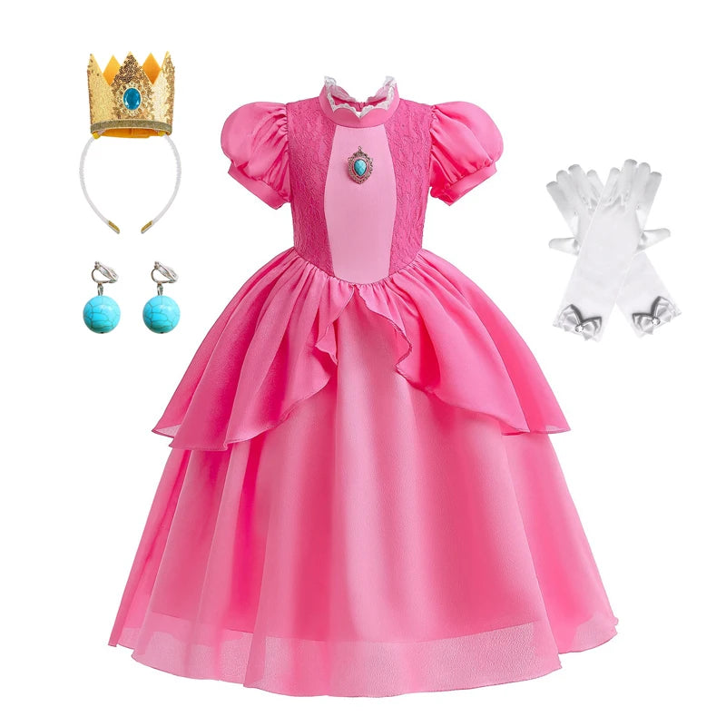 Peach Princess Dress Girls Rose Red Lace Cosplay Dress Kids Vestidos Party Dresses Carnival Halloween Costume for 3-11 Years